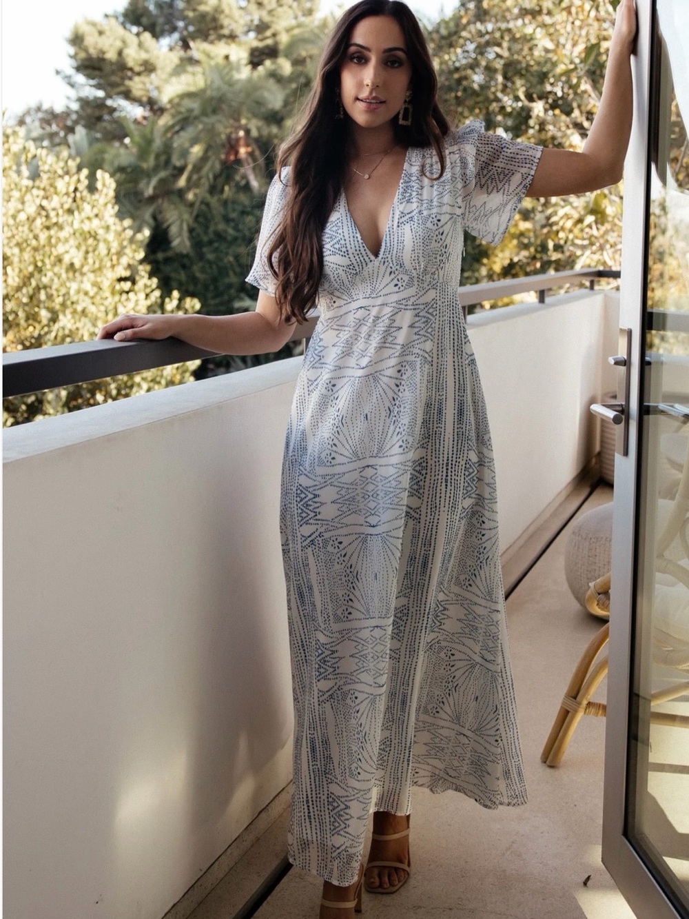 Baltic Born White Maxi Dress with Light Blue Geometric Pattern
